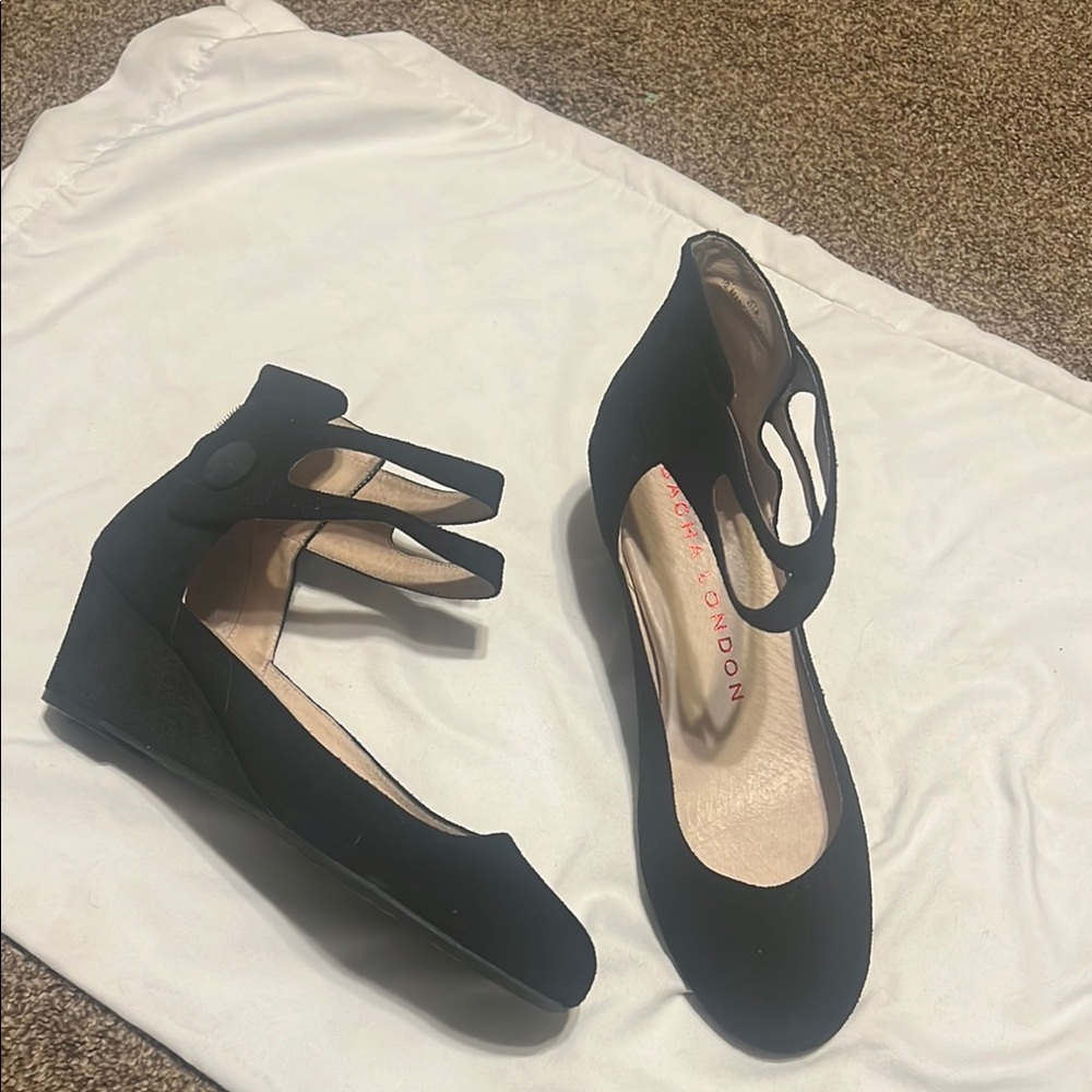 Sacha London “Vita” Black Wedge Shoes with double ankle strap.
